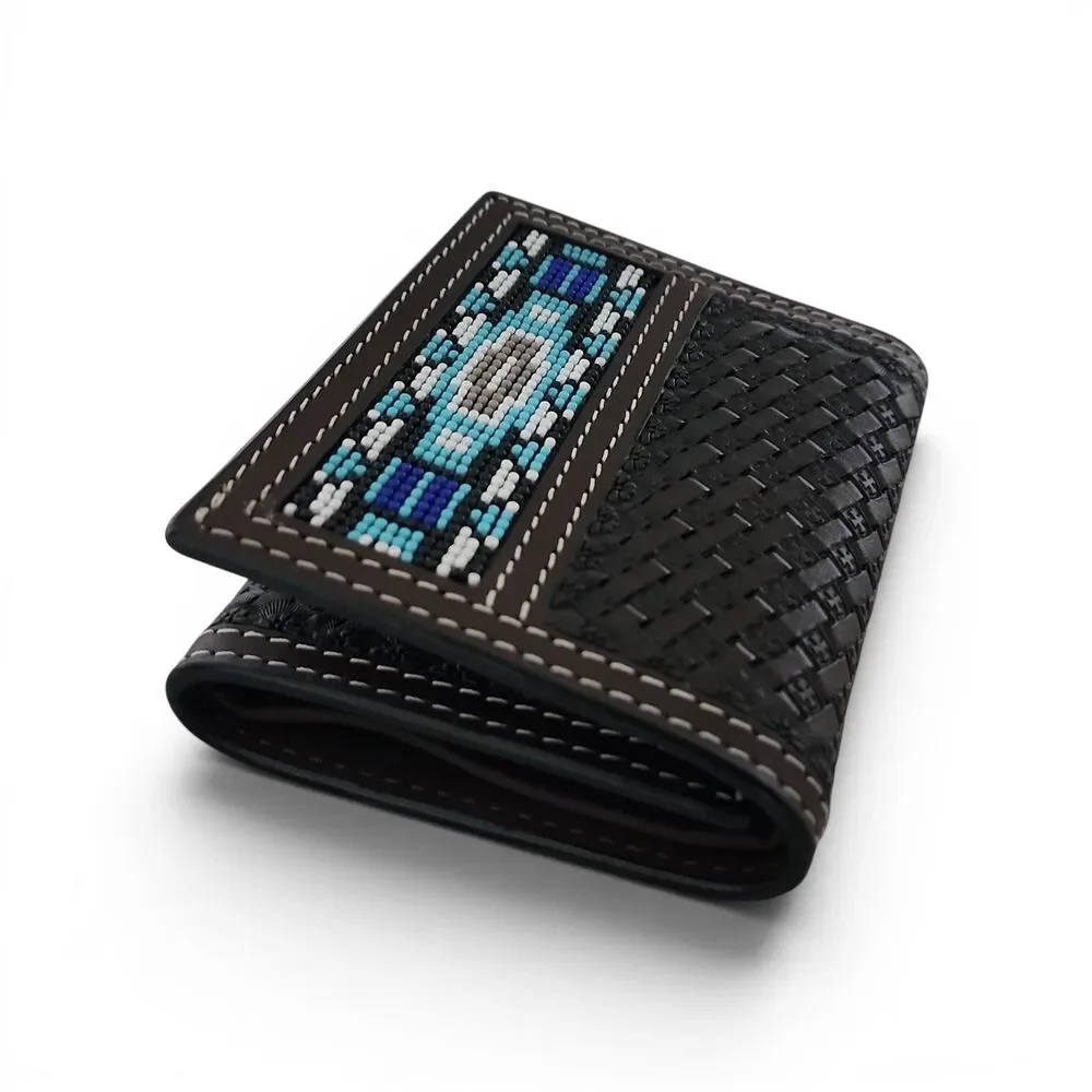 Ranger Belt Co H1052T Trifold Wallet Beaded Inlay Basketweave Leather Dark Brown